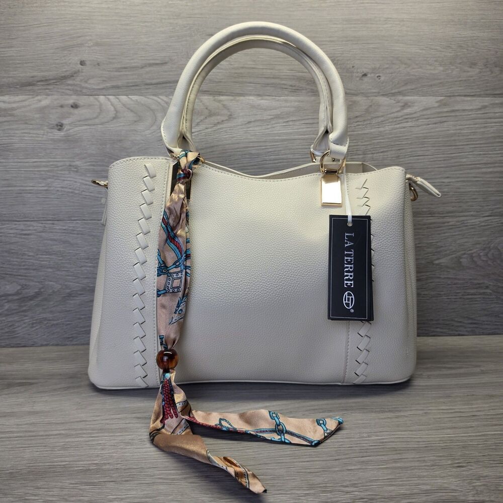 La Terre Vegan Leather Tote Handbag Cream Scarf Woven Trim Coquette NWT